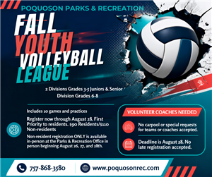 Fall Youth Volleyball League Now Registering for Residents. Grades 3-8th