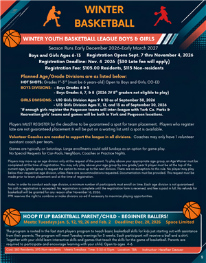 Youth Basketball Now Registering. Deadline Nov. 4